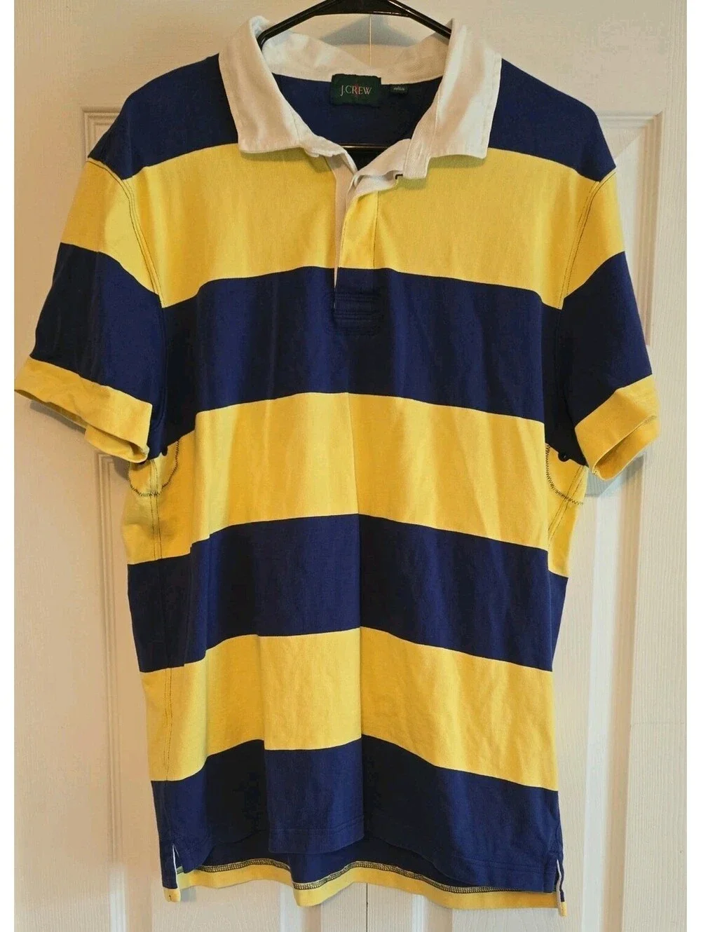 J Crew Rugby Polo Mens Sz L Striped Yellow Blue Short Sleeve Casual Golf